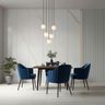Dining room with blue chairs, black table, and minimalistic pendant lighting