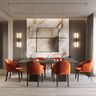 Dining room with marble wall backdrop, orange chairs, and minimalist sleek lighting