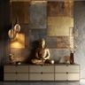 Beige Foyer Design with Metallic Wall Panels, Drawer Storage and Buddha Idols