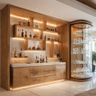 Wooden home bar with curved glass display cabinet, warm lighting, and open shelves