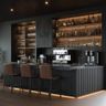 Home Bar Design with Open Shelving, Slatted Panels and Backlit Display