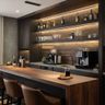 Home Bar Design with Wooden Island and Display Shelves