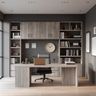 Home Office Design with Full-Height Grey Wood Bookcase