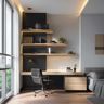 Black and Light Wood Home Office Design with Wall-Mounted Shelves