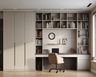 Beige and Wood Home Office Design with U-Shaped Workstation and High-Back Leather Chair