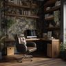 Wood Home Office Design with Dual Workspace Setup and Woven Baskets