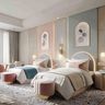 Pastel-Themed Kids Bedroom Design With Twin Beds and Ottomans