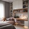 Kids Bedroom Design With Wooden Desk and Mauve Chair