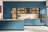 Open Kitchen Design in Deep Teal Blue and Quartz Top