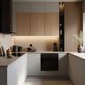 U-Shaped grey and wooden kitchen with vertical shelves, LED lighting, and minimalist design