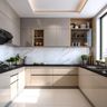 Beige U-Shaped kitchen with open shelves and deep lower drawers for cookware storage