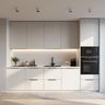 Open white kitchen with tall pantry unit and handle-free cabinetry