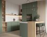 Green and wood L-Shaped kitchen with mixed closed cabinets and open shelving