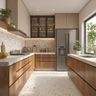 L-Shaped wood kitchen with terrazzo backsplash, glass cabinets, and integrated refrigerator storage