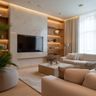 Living room with marble feature wall, beige sofas, and warm wooden shelving