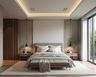 Master bedroom with neutral walls, wooden accents, pendant lighting, and expansive windows