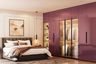 Master bedroom with plum glossy wardrobes, upholstered bed, and warm ambient lighting