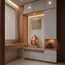 Pooja room with Ganesh idol, backlit jali panel, and warm wood accents