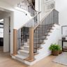 Straight Staircase Design With Wood Treads and Metal Railings