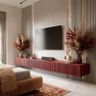 Red TV cabinet with concealed storage and vertical ribbed wall detailing