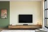 TV Unit Design with Matte Wood Finish, Textured Wall Panels and Open Storage