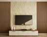 Beige TV Unit Design with Vertical Cabinets and Marble-Like Wall Backdrop