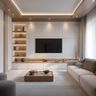 Warm TV unit with open shelves, recessed lighting, and soft neutral color scheme