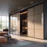 5-Door Sliding Wardrobe Design with Warm Lighting and Glass Finish