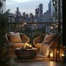 Balcony Design with Dark Metal Planters and Rattan Seating