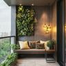 Balcony Design with Vertical Garden and Floating Wooden Bench