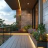 Balcony Design with Wood Cladding and Textured Stone Wall