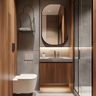 Grey and Wood Bathroom Design with Black-Framed Mirror