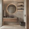 Grey Bathroom Design with Floating Vanity and Open Shelving