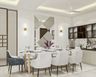 Dining Room Design with Marble Table and Upholstered Chairs
