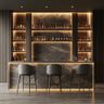 Home Bar Design with Open Shelving and Marble Countertop