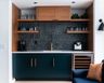 Home Bar Design with Dark Cabinetry, Upper Shelves and Closed Cabinet Storage