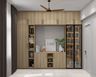 Home Office Design with Acacia Finish and Glass Display Cabinet