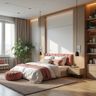 Teen Bedroom Design with Blush Pink Pouf and Queen Size Bed