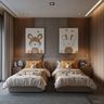 Kids Bedroom Design with Twin Beds and Wooden Side Tables