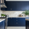 Blue Island Kitchen Design with Marble Countertops