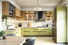L-Shaped Kitchen Design with Golf Green Cabinets and Wooden Wall Units