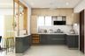 Open Kitchen Design with Grey and Cream High-Gloss Cabinets