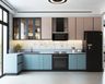 L-Shaped Kitchen Design with Granite Countertop and Glass Cabinets