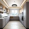 U-Shaped Kitchen Design with Grey and Natural Teak Finish