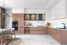 L-Shaped Kitchen Design with Peach Brown and White Finish