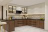 U-Shaped Kitchen Design with Warm Wood and Champagne Cabinets