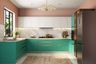 L-Shaped Kitchen Design with Mint Turquoise and Bright White Units