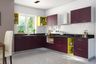 L-Shaped Kitchen Design with Berry and Marigold Accents