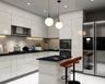 Island Kitchen Design with White High-Gloss Cabinets