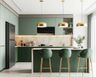 Open Kitchen Design with Emerald Cabinets and Marble Countertop